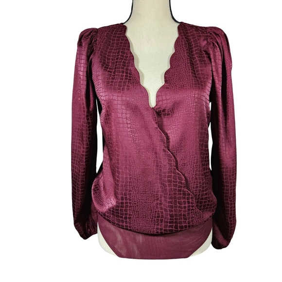 Socialite Tops - Socialite Long Sleeve Wrap Front V Neck Body Suit, Plum Purple, Small